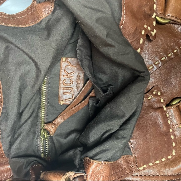 Lucky Brand Abbey Road Foldover Bag Brown Whiskey Leather Whipstitch - Picture 5 of 6